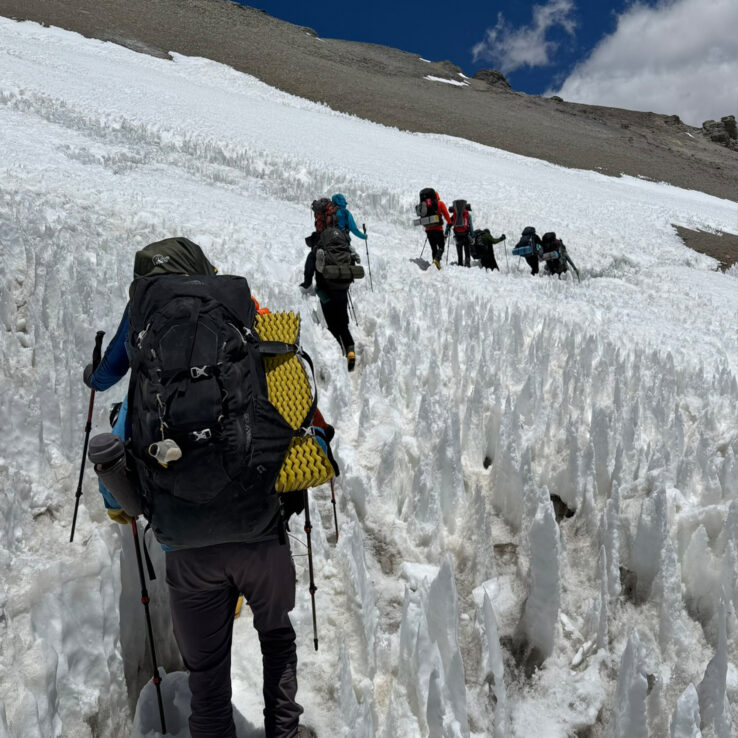 Technical climbing route across Polish Glacier on Aconcagua north face