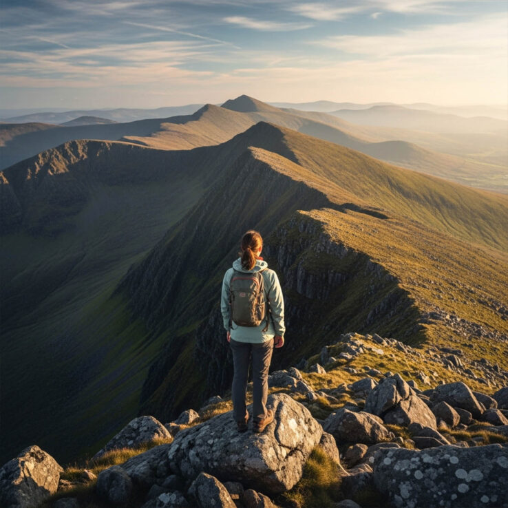 Solo female hiker looking out over the dramatic Macgillycuddy Reeks and Carrantuohill ridge in County Kerry.